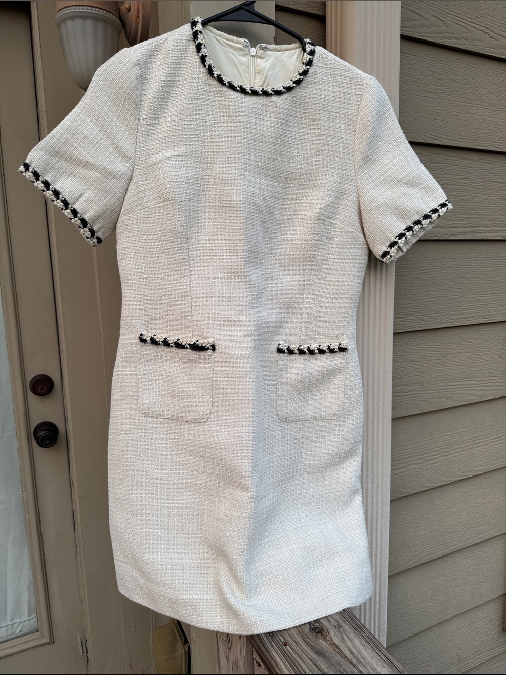 Classic Ivory Tweed Shift Dress with Black Trim